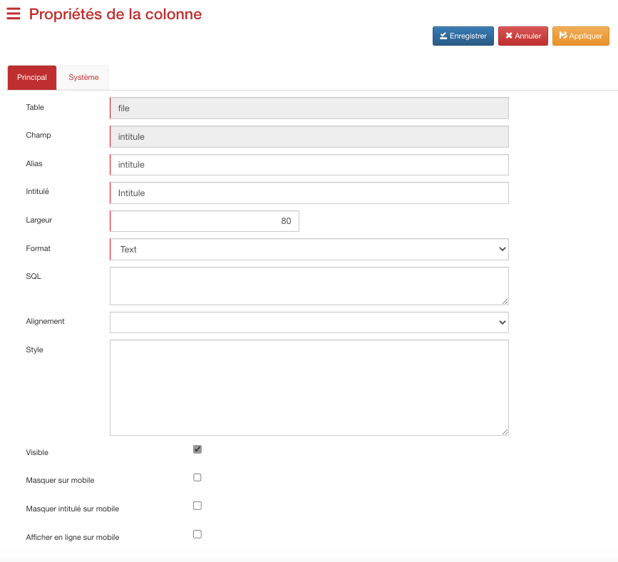 Propriétés de la colonne